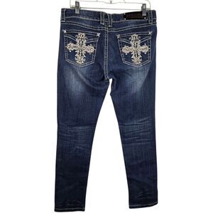 Premiere Rue 21 Jeans Distressed Skinny 9/10 R Rhinestone Cross Blue Embroidery